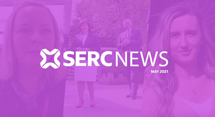 SERC News May 2021 graphic, purple translucent background, showing four people. Text reading SERC News May 2021